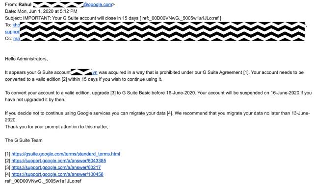 Nội dung thông báo ngừng cung cấp dịch vụ email Google Workspace vào email quản trị trước khi tạm ngưng